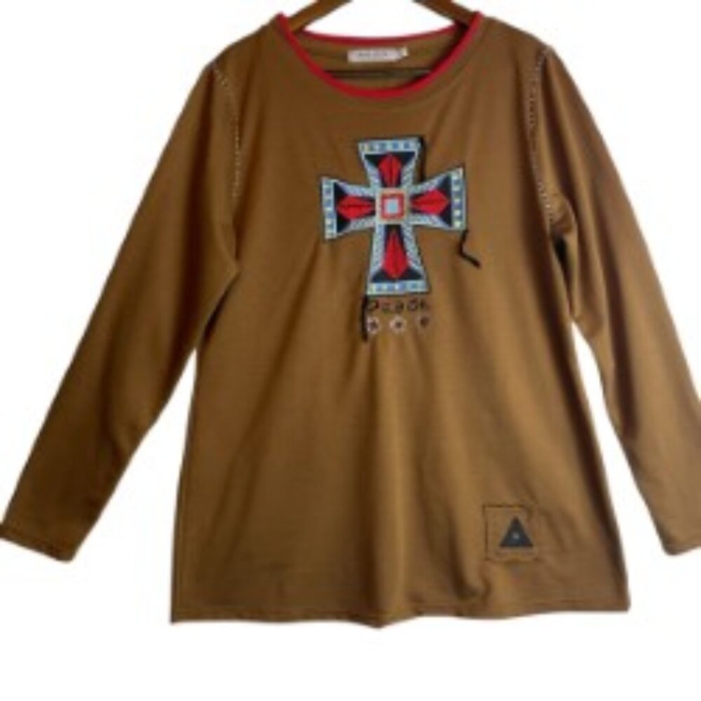 MISSLOOK EMBROIDERED BROWN PULLOVER LONG SLEEVE TEE W/CROSS DESIGN SIZE XL